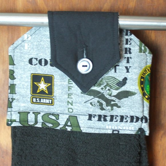 U.S ARMY HAND TOWEL GREEN BLACK GRAY PRINT HANDMADE HANGING KITCHEN BLACK COTTON - Picture 1 of 4